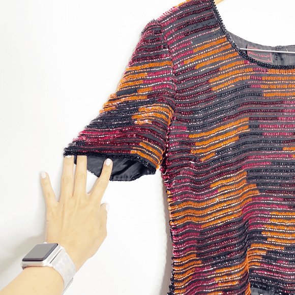 Vtg 80s FRANK USHER silk sequined beaded short sleeve blouse eras tour women's S - Picture 3 of 7